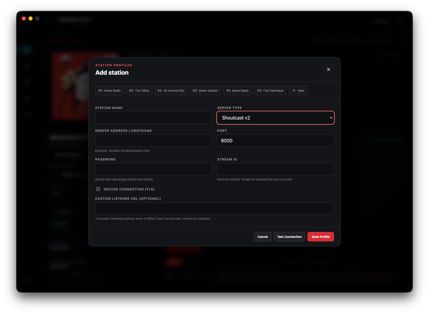 TRAKCAST Add Station encoder configuration screen
