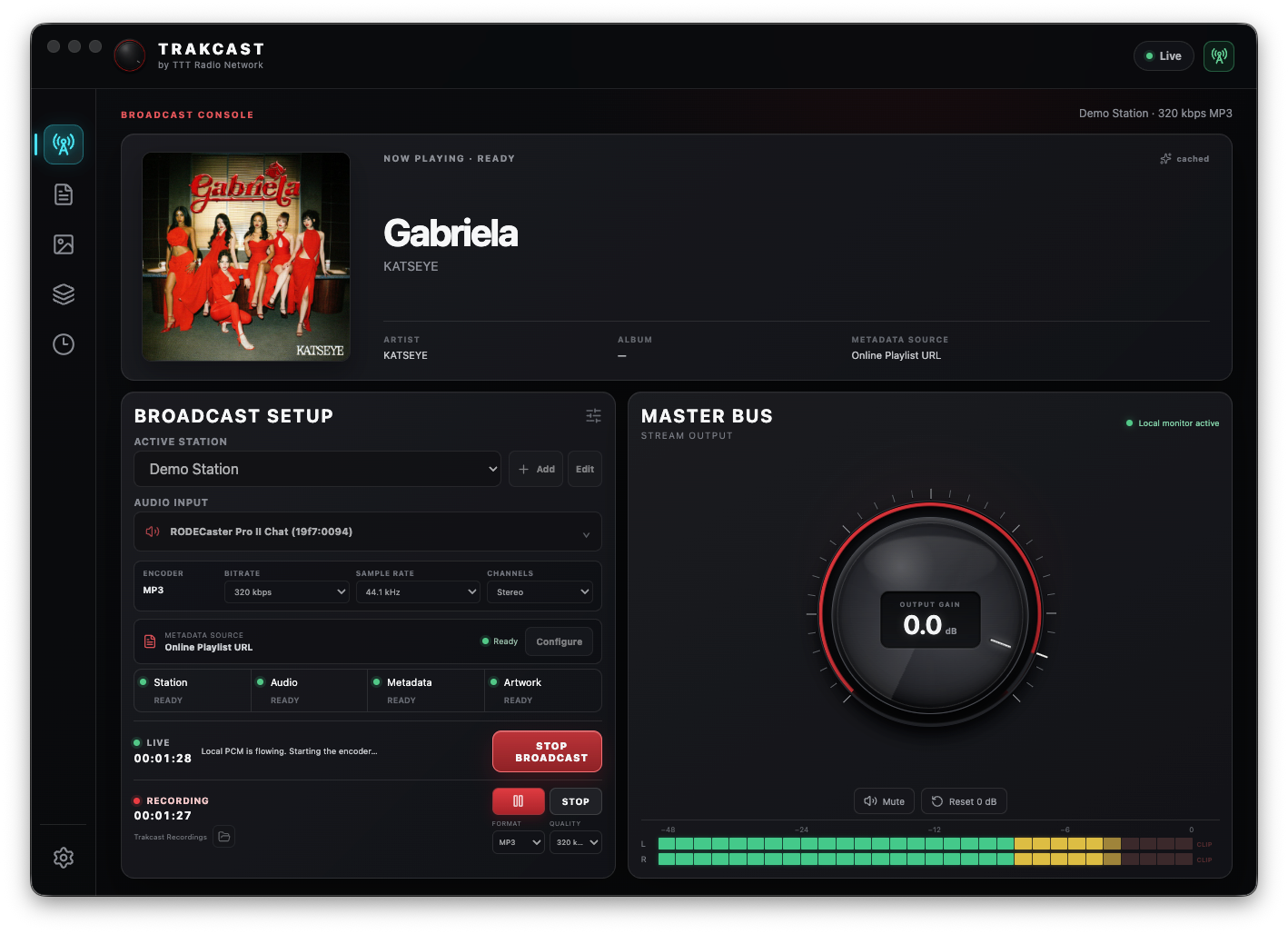 TRAKCAST Broadcast Console actively broadcasting and recording, with live track metadata, album artwork, recording controls, stereo meters, and the Master Bus.